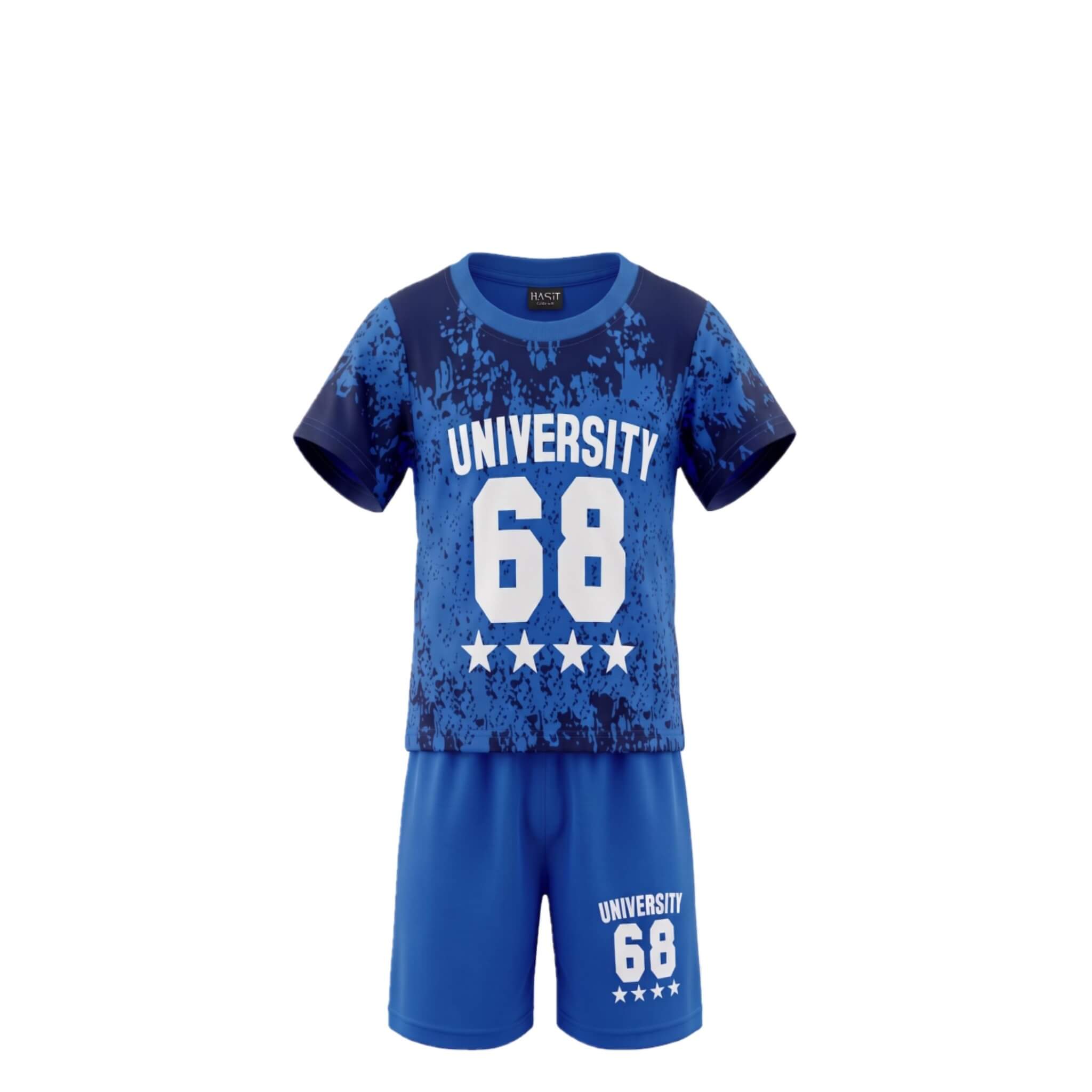 Ensemble Garçon « University 68 » – T-shirt Bleu Tie-Dye & Short Bleu Assorti – 2 à 8 ans – Neuf