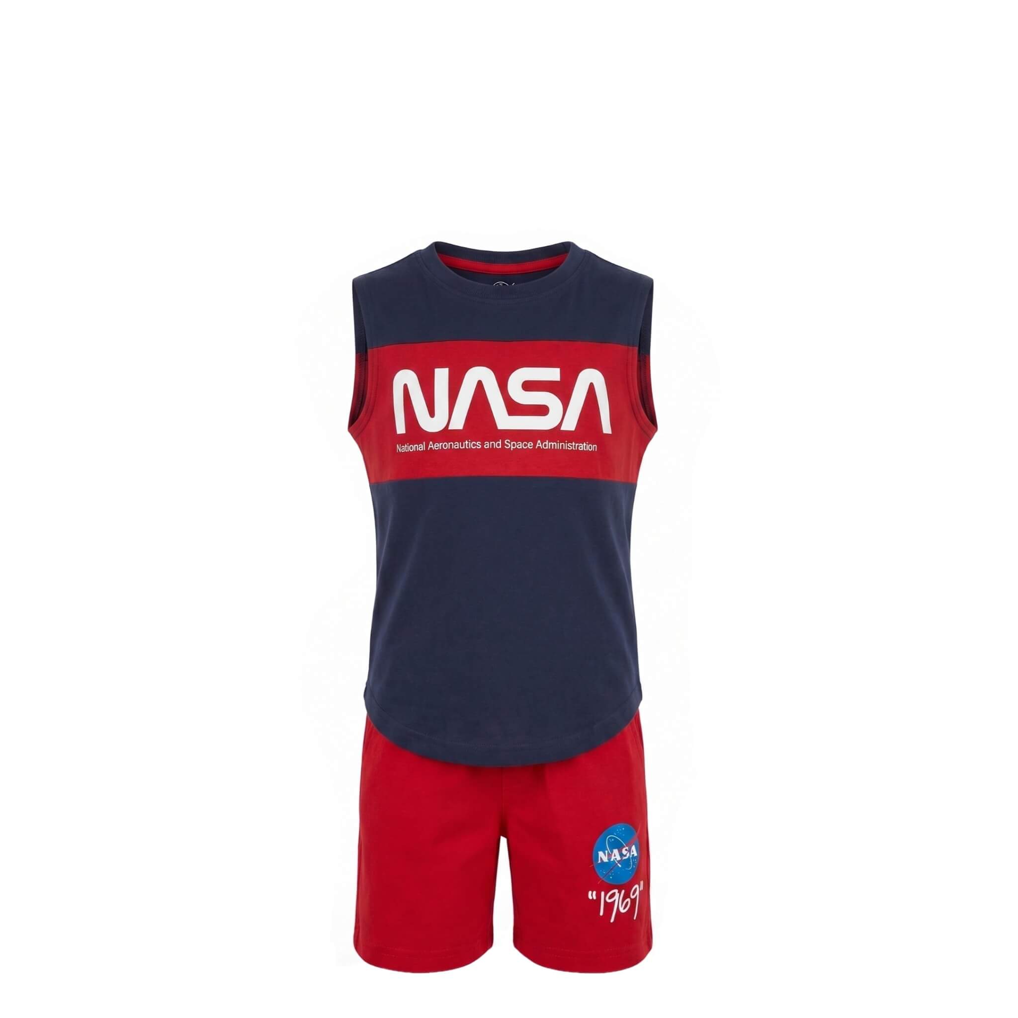 Ensemble Été Garçon NASA – Débardeur Bleu Imprimé & Short Rouge Assorti – 4 à 14 ans – Neuf