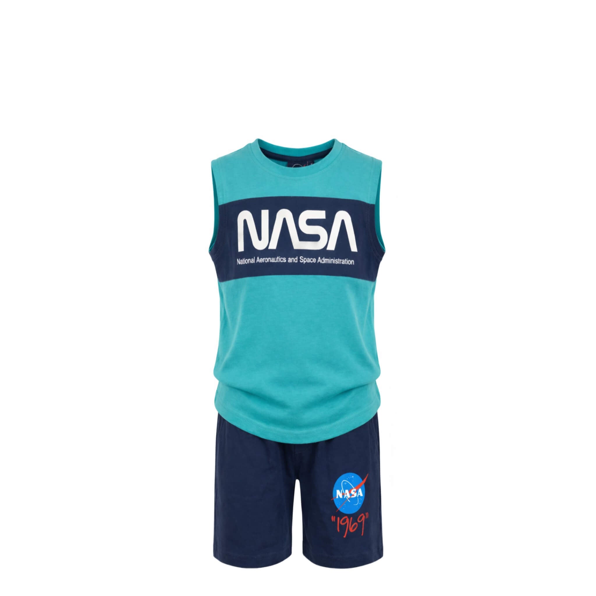 Ensemble Garçon NASA – Débardeur Vert Imprimé & Short Bleu Marine Logo 1969 – 4 à 14 ans – Neuf