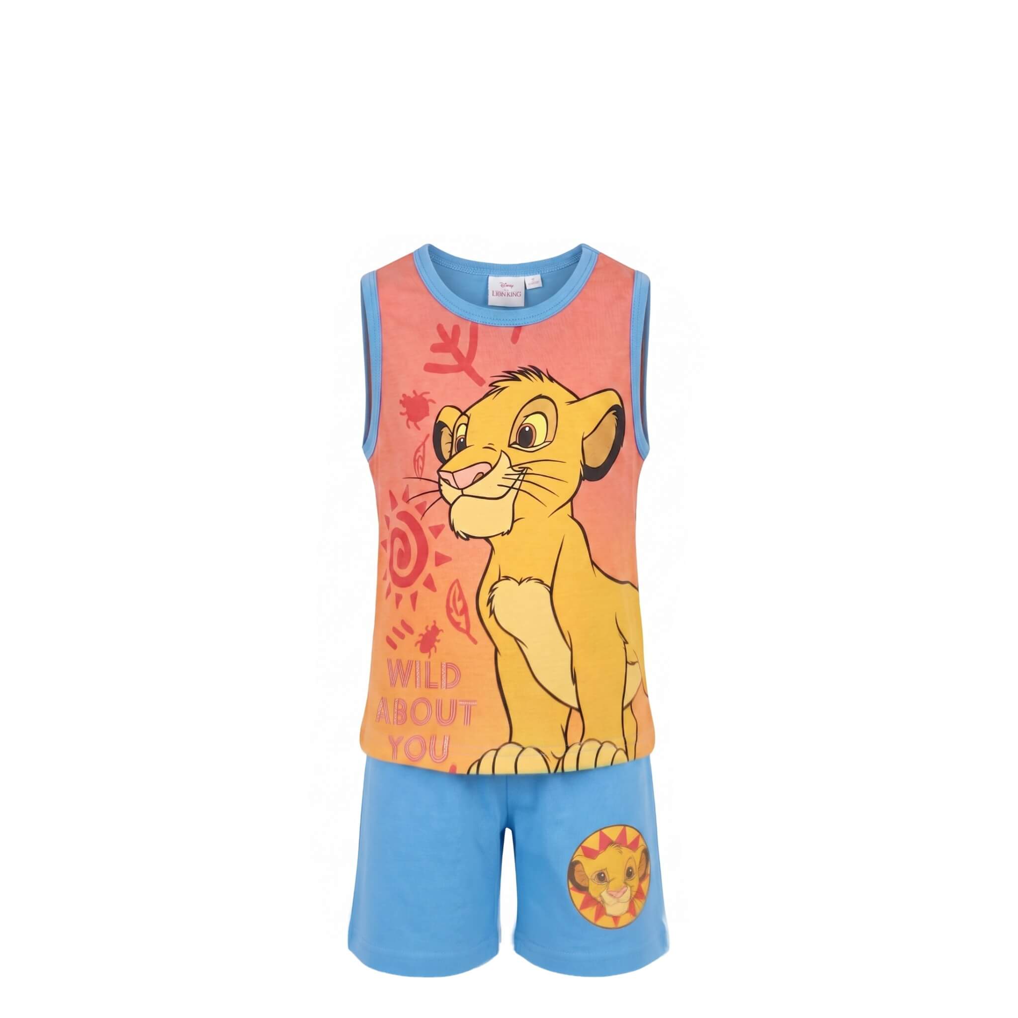 Ensemble Été Garçon Le Roi Lion – Débardeur Orange Imprimé Simba & Short Bleu Assorti – 5 ans – Neuf