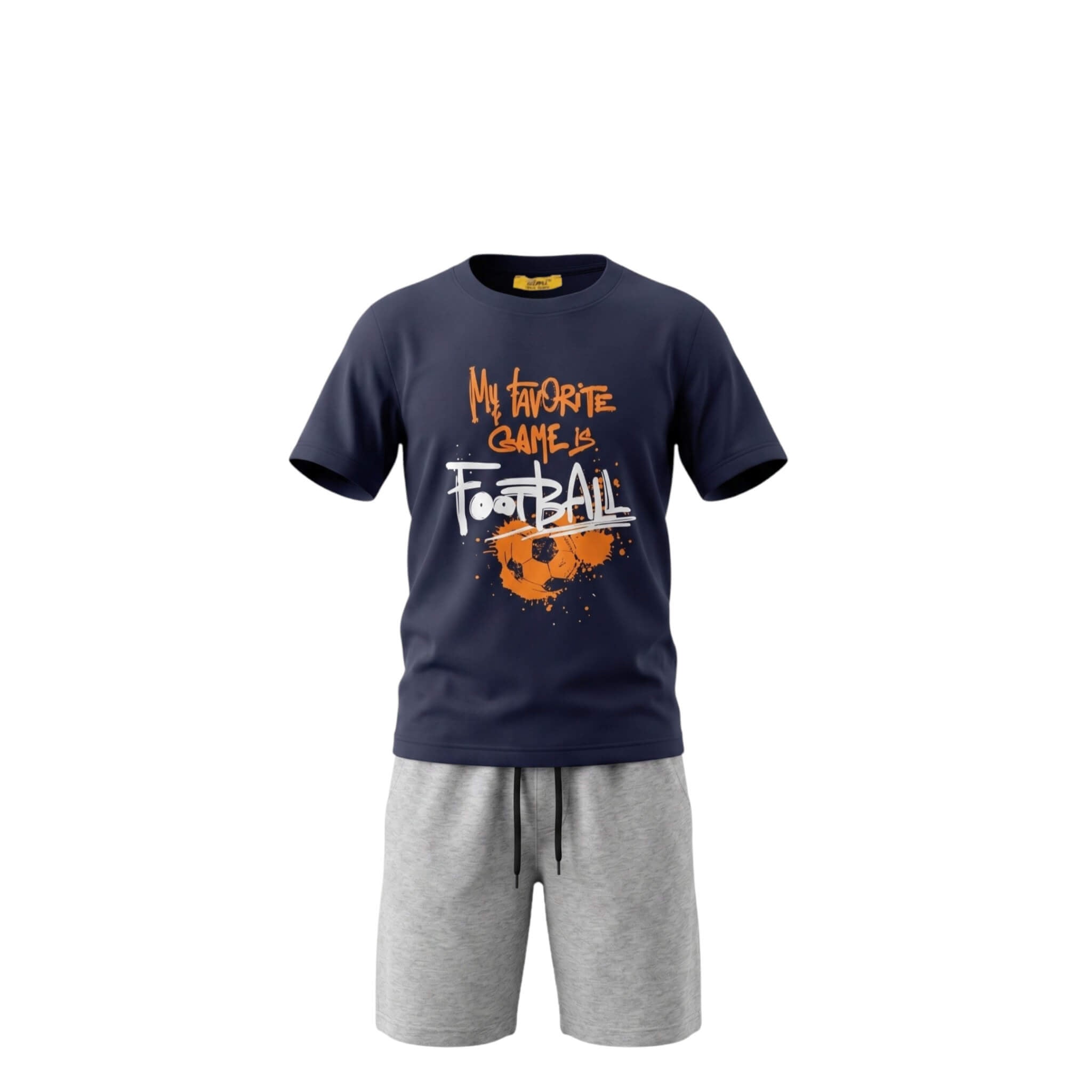 Ensemble Été Garçon Football – T-shirt Bleu Marine Imprimé & Short Gris Assorti – 3 à 7 ans – Neuf