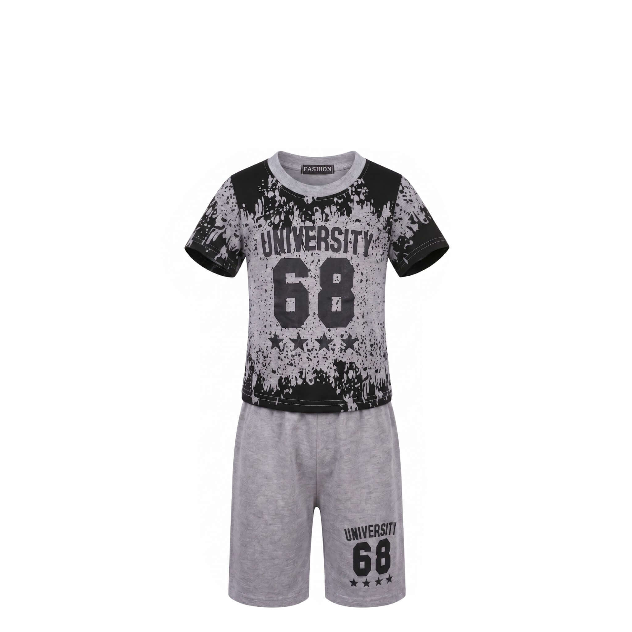 Ensemble Été Garçon « Urban Sport – University 68 » – T-shirt Noir/Gris Imprimé & Short Gris Assorti – 2 à 8 ans – Neuf