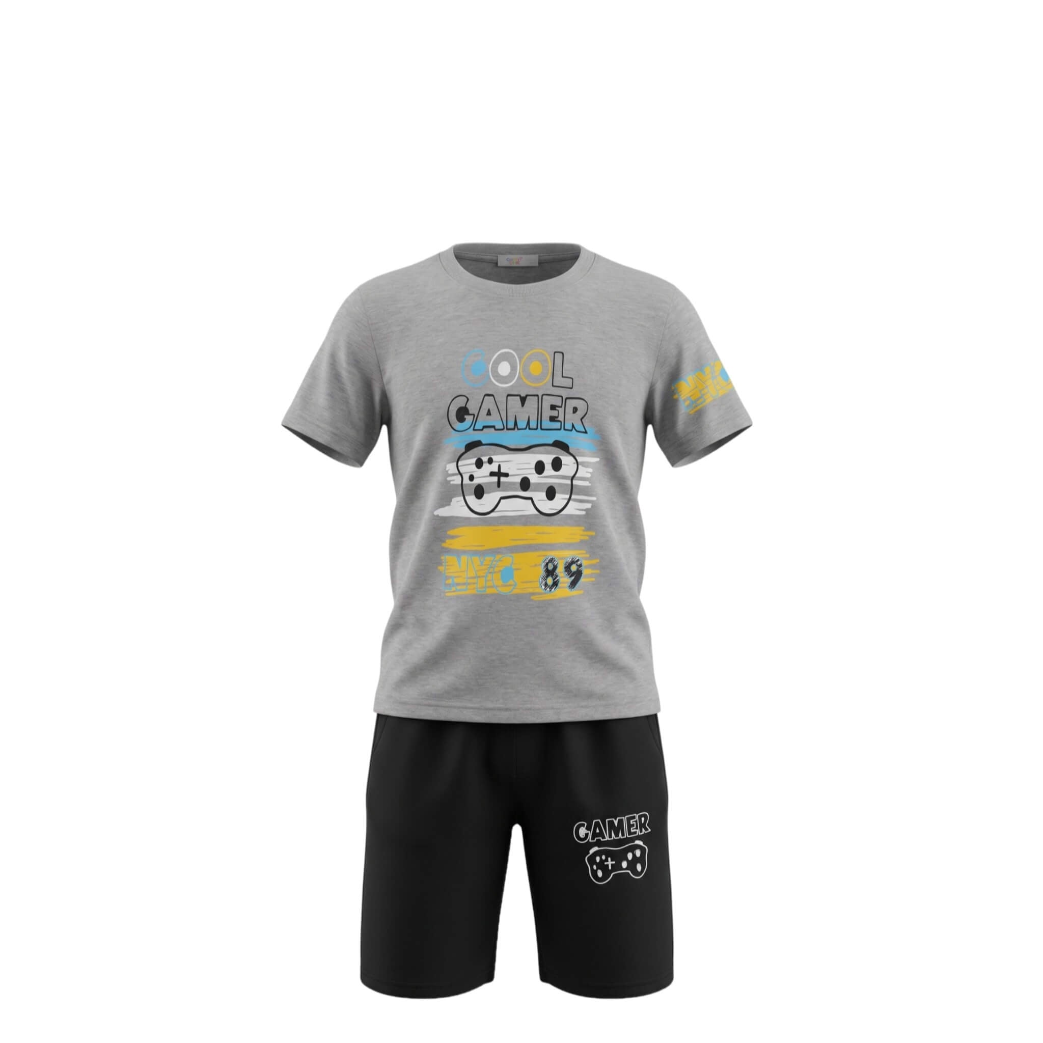 Ensemble Garçon « Cool Gamer » – T-shirt Gris & Short Noir – 5 à 8 ans – Neuf