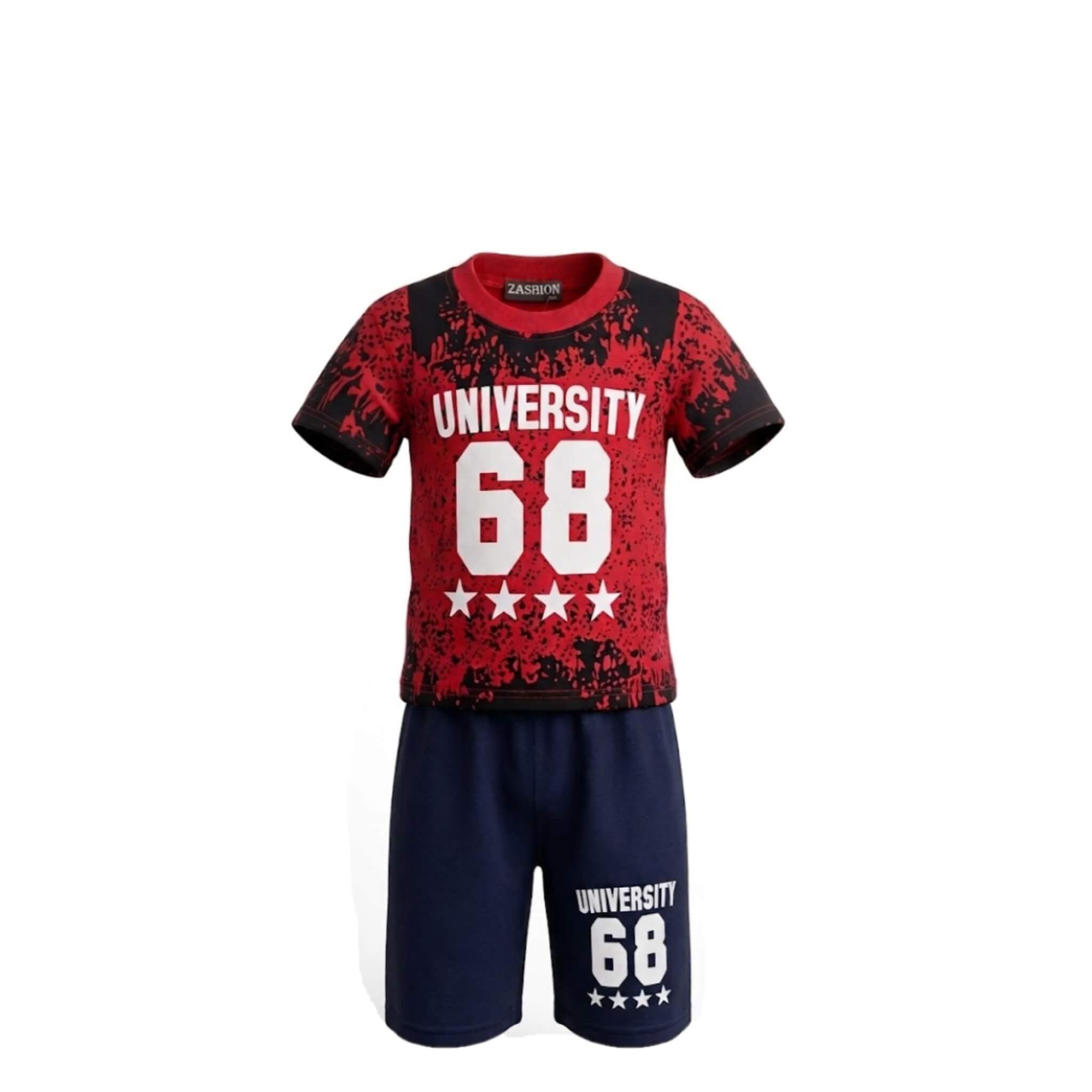 Ensemble Garçon « University 68 » – T-shirt Rouge Imprimé & Short Bleu Marine Assorti – 2 à 8 ans – Neuf