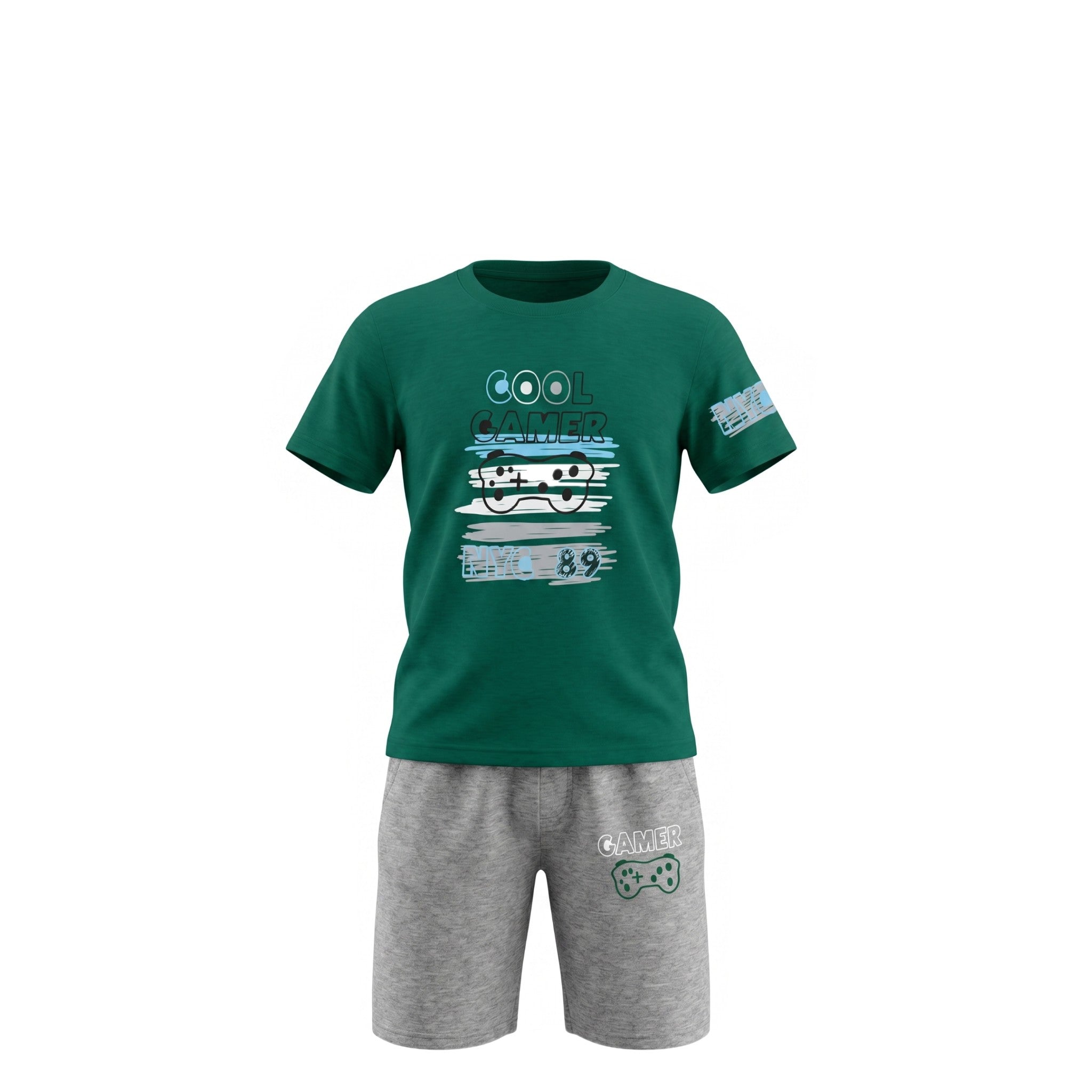Ensemble Été Garçon « Cool Gamer » – T-shirt Vert Imprimé & Short Gris Assorti – 3 à 8 ans – Neuf