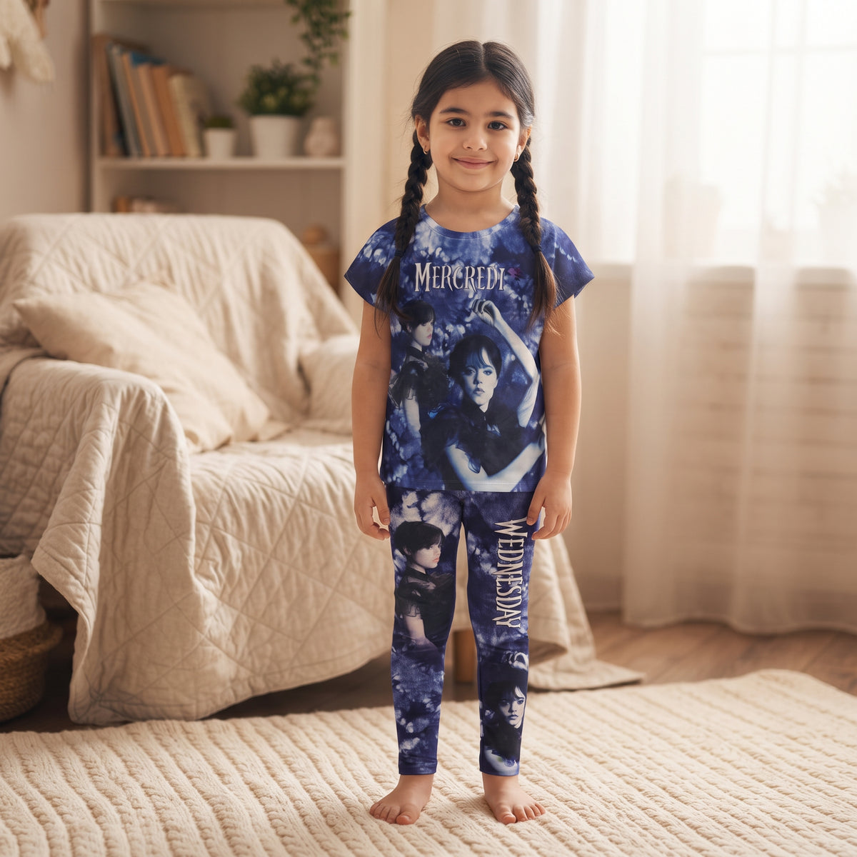 Ensemble fille Mercredi Addams bleu-violet porté, t-shirt à portraits et legging long imprimé