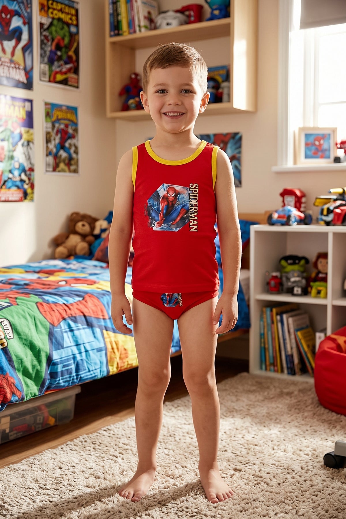Ensemble Sous-Vetements Garcon Debardeur Rouge Jaune Spider-Man Slip Assortis Marvel 2-5 ans Neuf