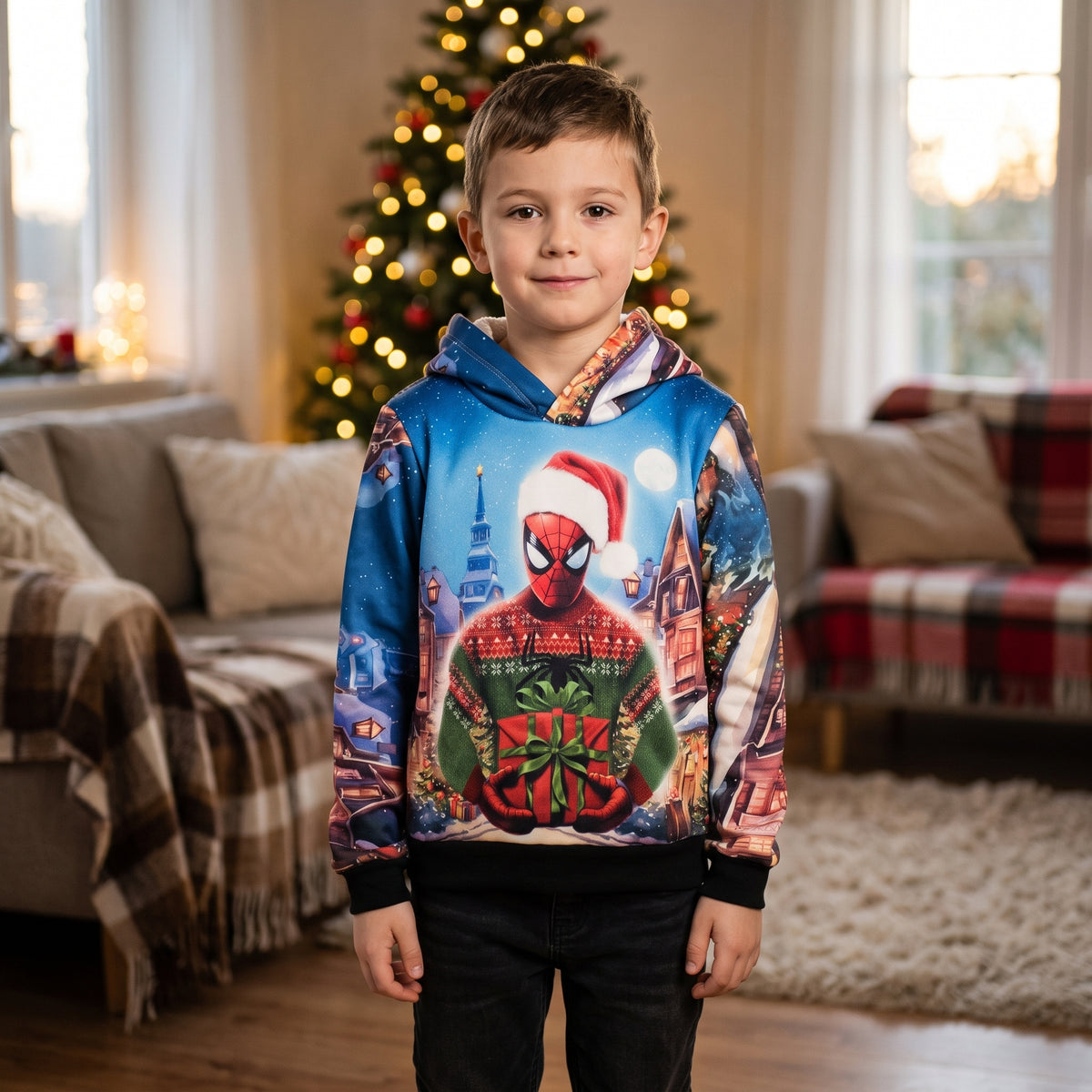 Sweat à capuche garçon Spider-Man de Noël avec cadeau rouge et village enneigé, porté