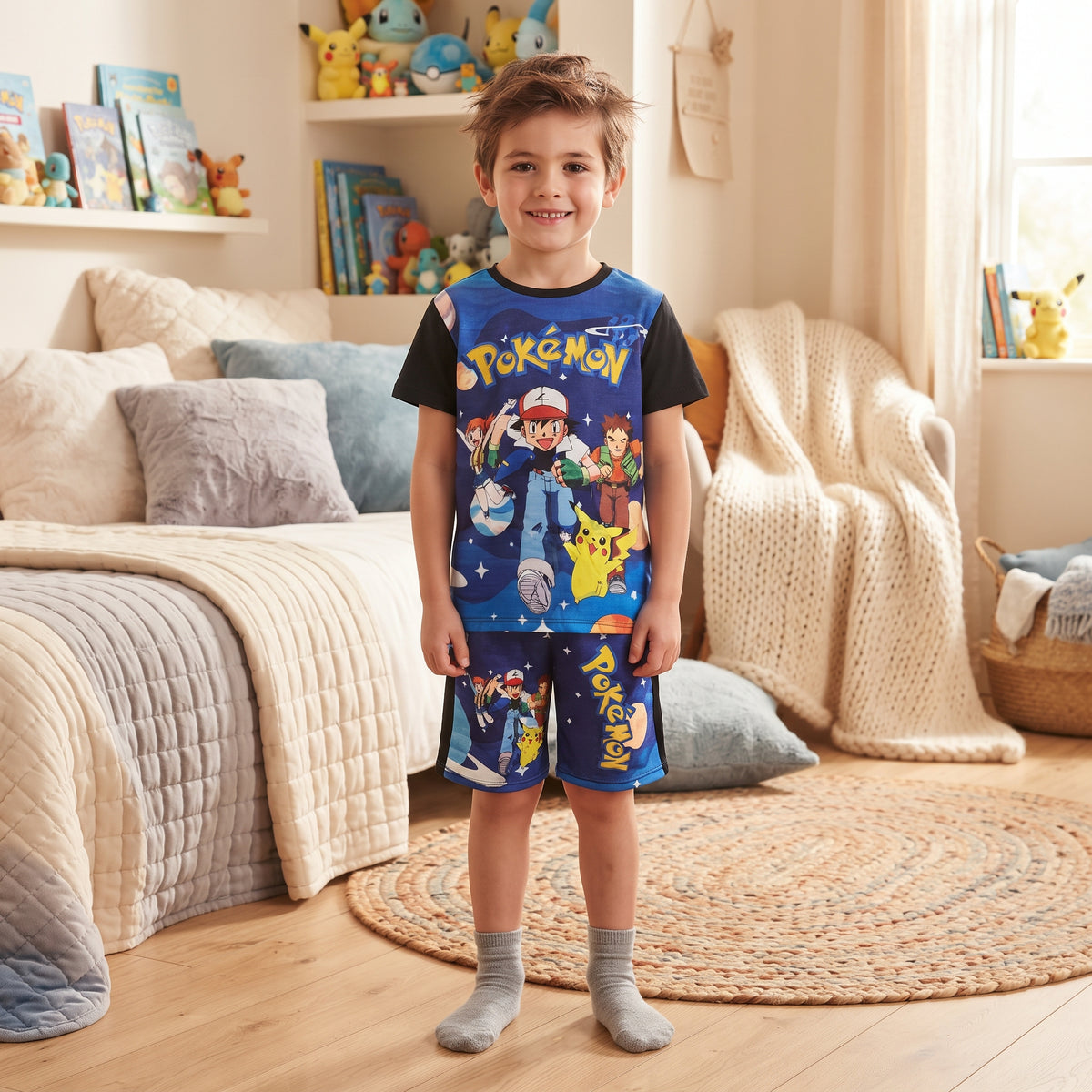Ensemble garçon Pokémon bleu porté, t-shirt Sacha Ondine Pierre et Pikachu avec short assorti et manches noires
