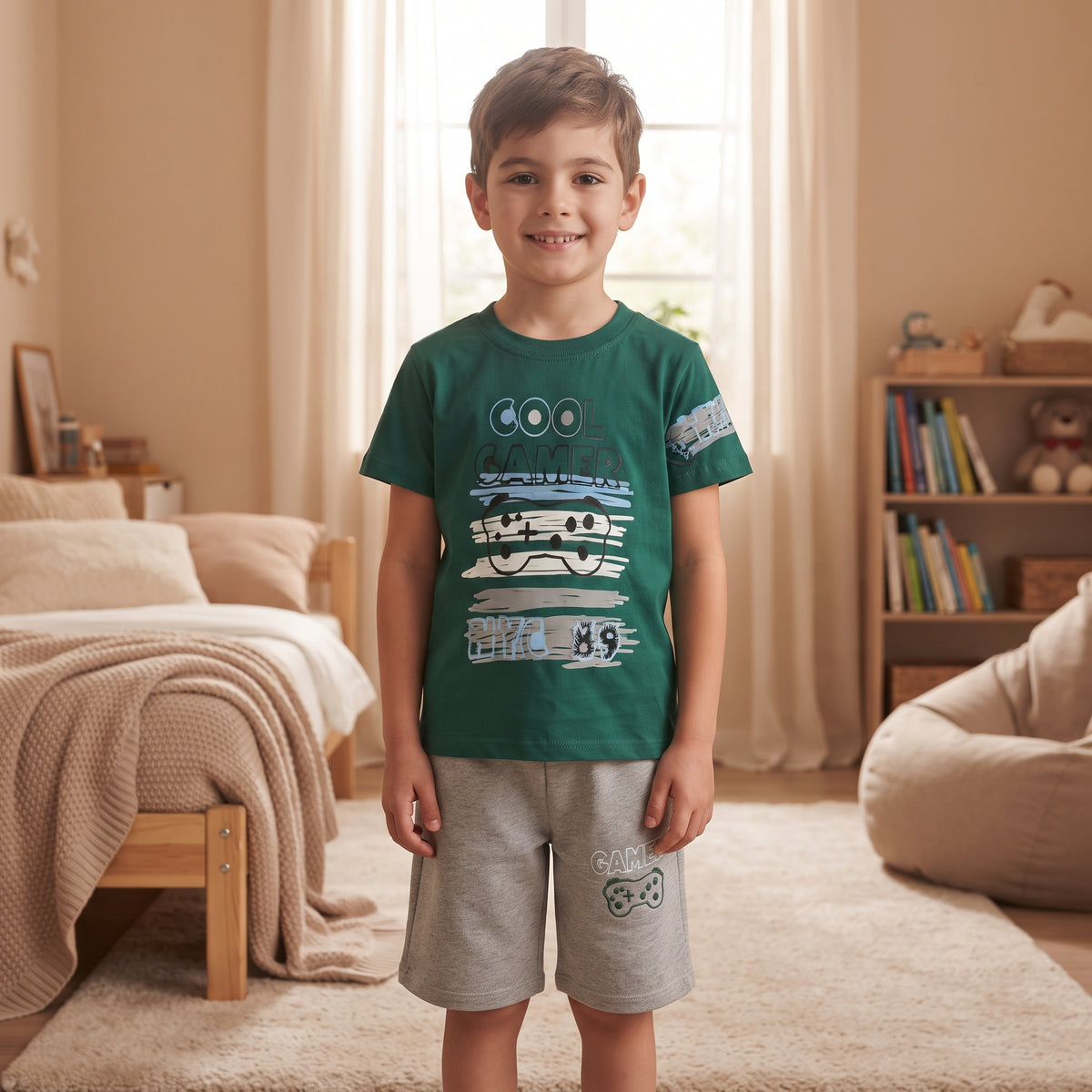 Ensemble garçon Cool Gamer porté, t-shirt vert à manette et short gris chiné avec inscription Gamer