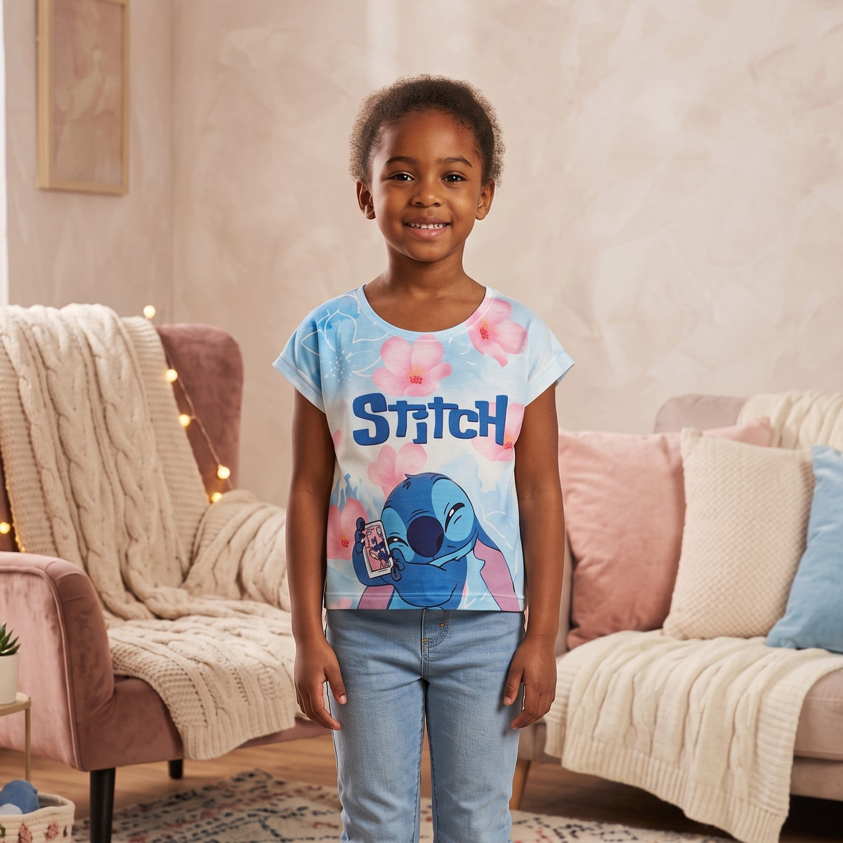 T-shirt fille Stitch au téléphone sur fond bleu clair à fleurs roses 2 a 12 ans