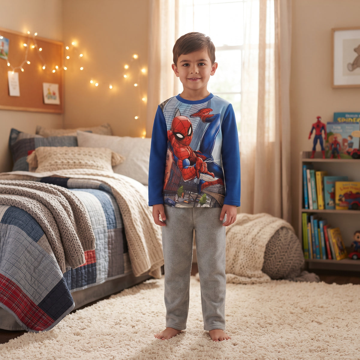 Pyjama garçon Spider-Man porté, haut à manches longues bleu roi avec décor urbain et pantalon gris clair uni