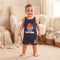 Ensemble bébé garçon New York basket porté, débardeur et short bleu marine à bordures orange
