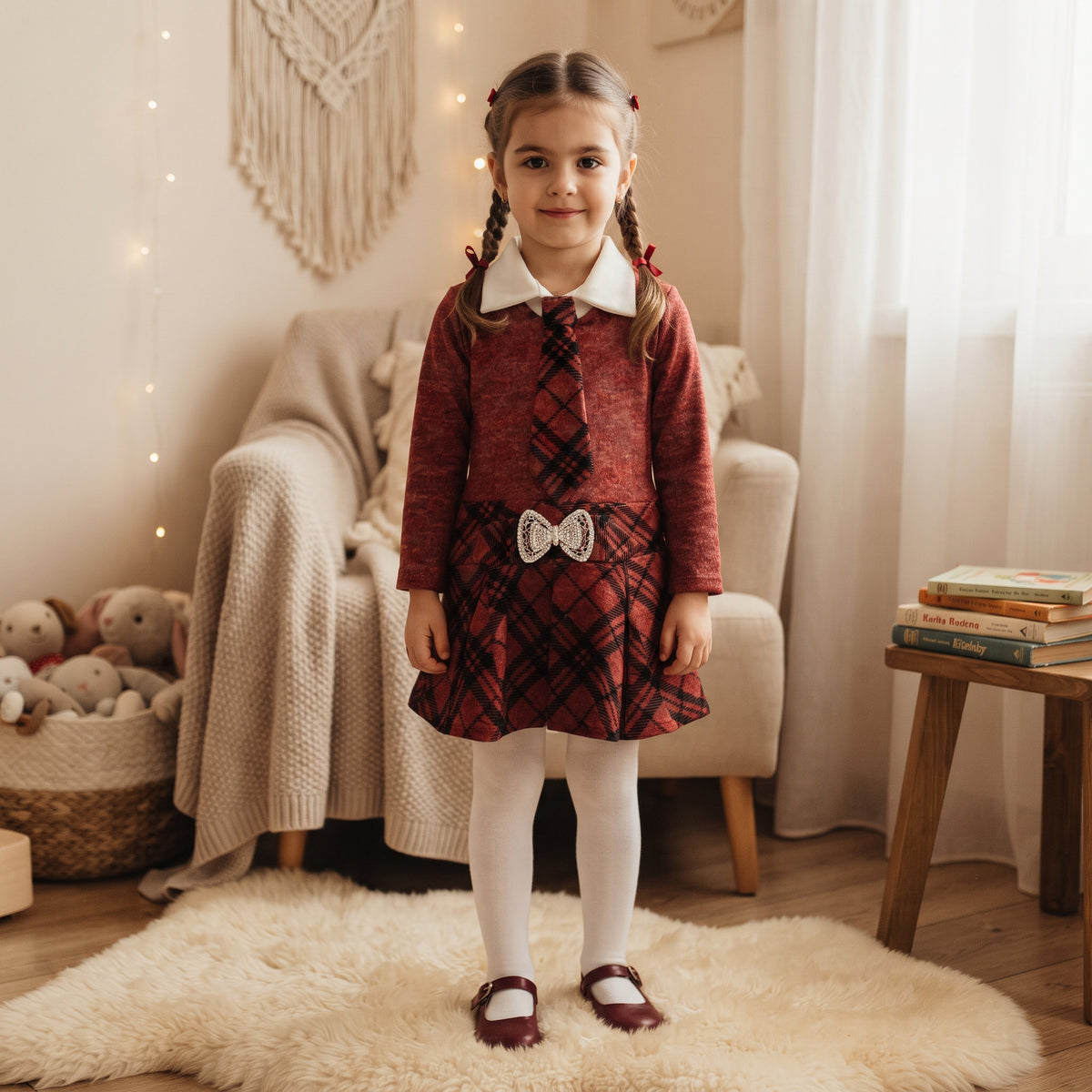 Robe fille bordeaux chiné portée, col blanc, cravate et jupe à carreaux avec nœud argenté à la taille