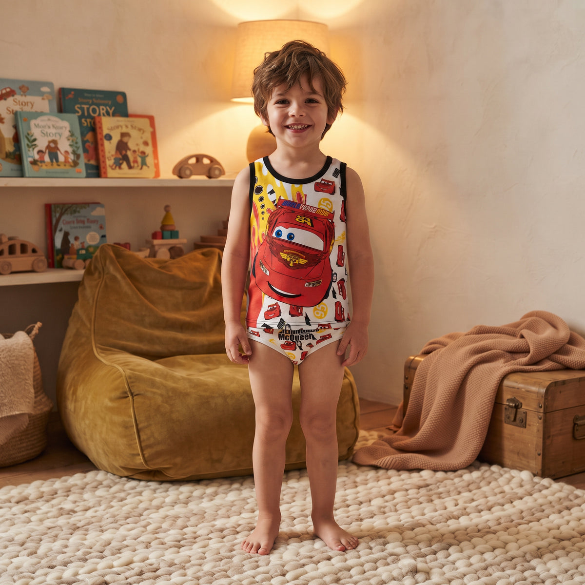 Ensemble sous-vêtements garçon Cars porté, débardeur Flash McQueen à bordures noires et slip assorti