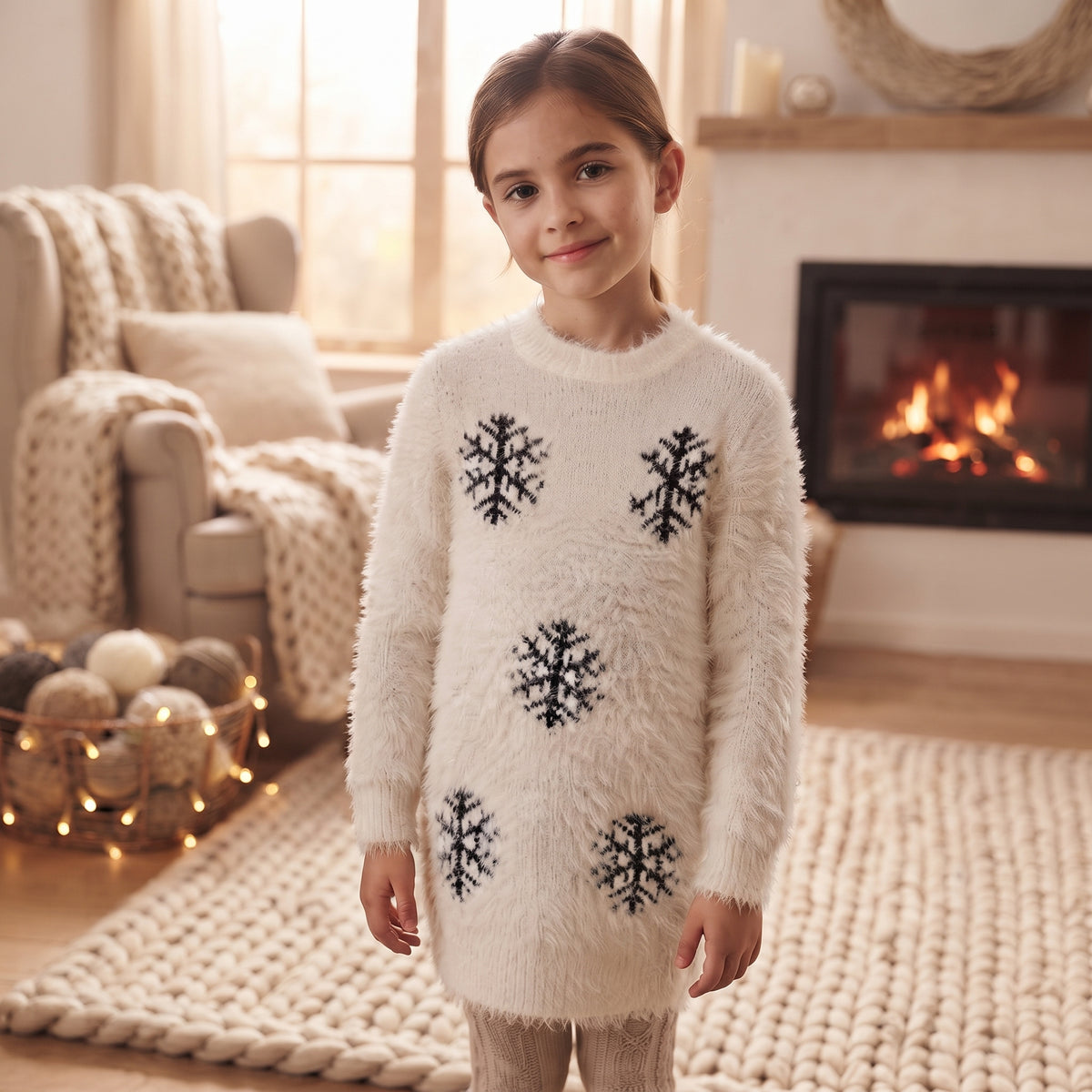 Pull long fille écru duveteux avec cinq flocons foncés, porté