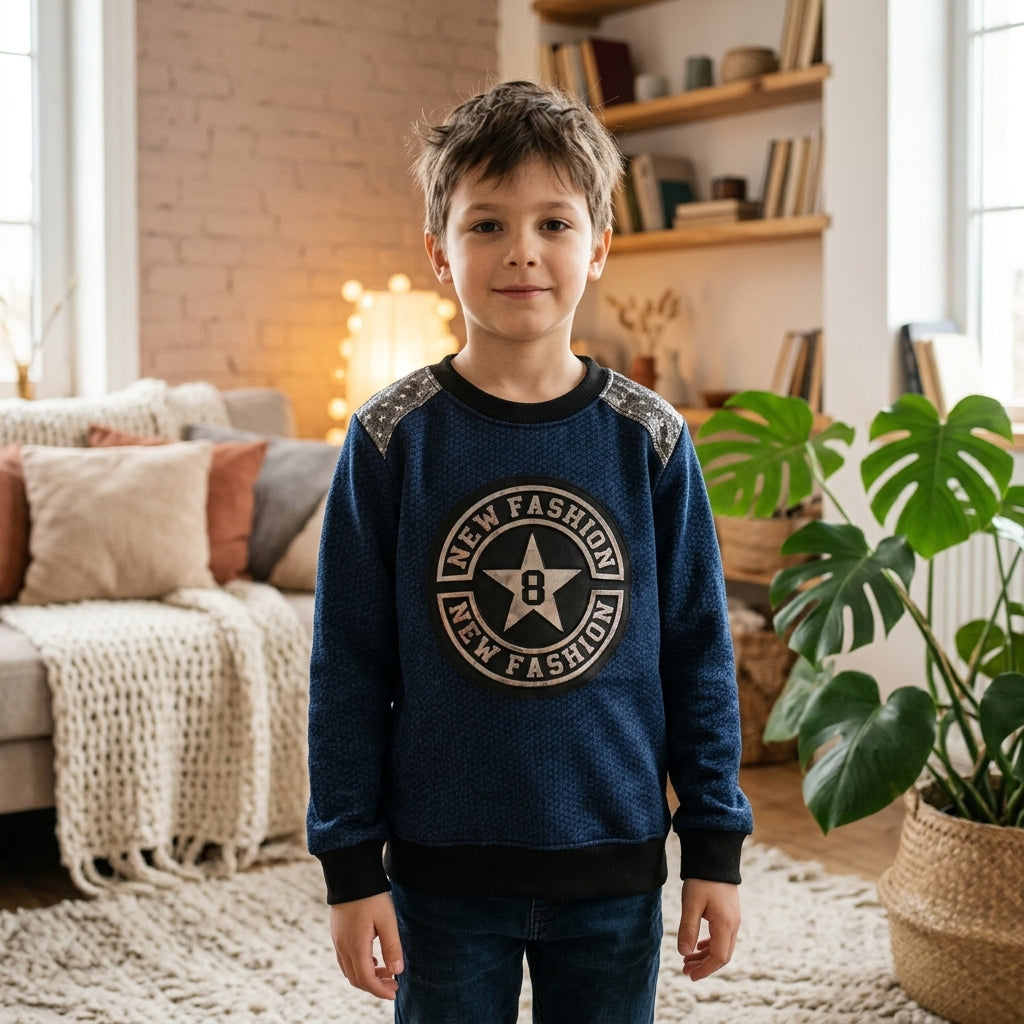 Pull garçon bleu marine New Fashion 8 avec étoile et empiècements argentés sur les épaules, porté