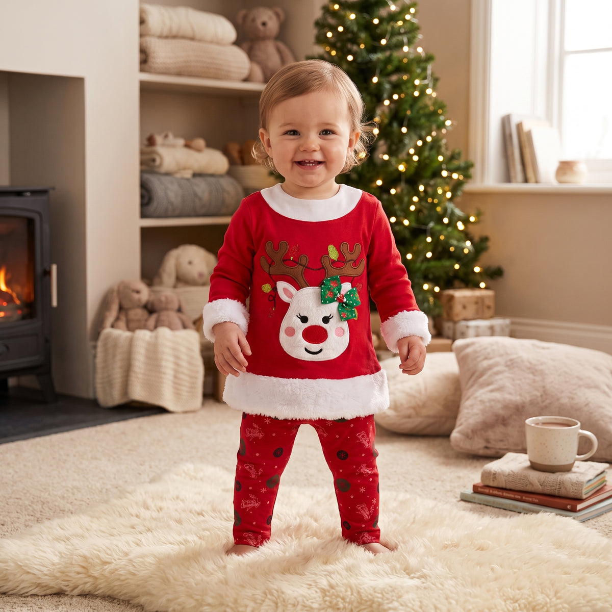Ensemble de Noël bébé fille rouge avec renne, nœud vert et pantalon imprimé 6-24 mois