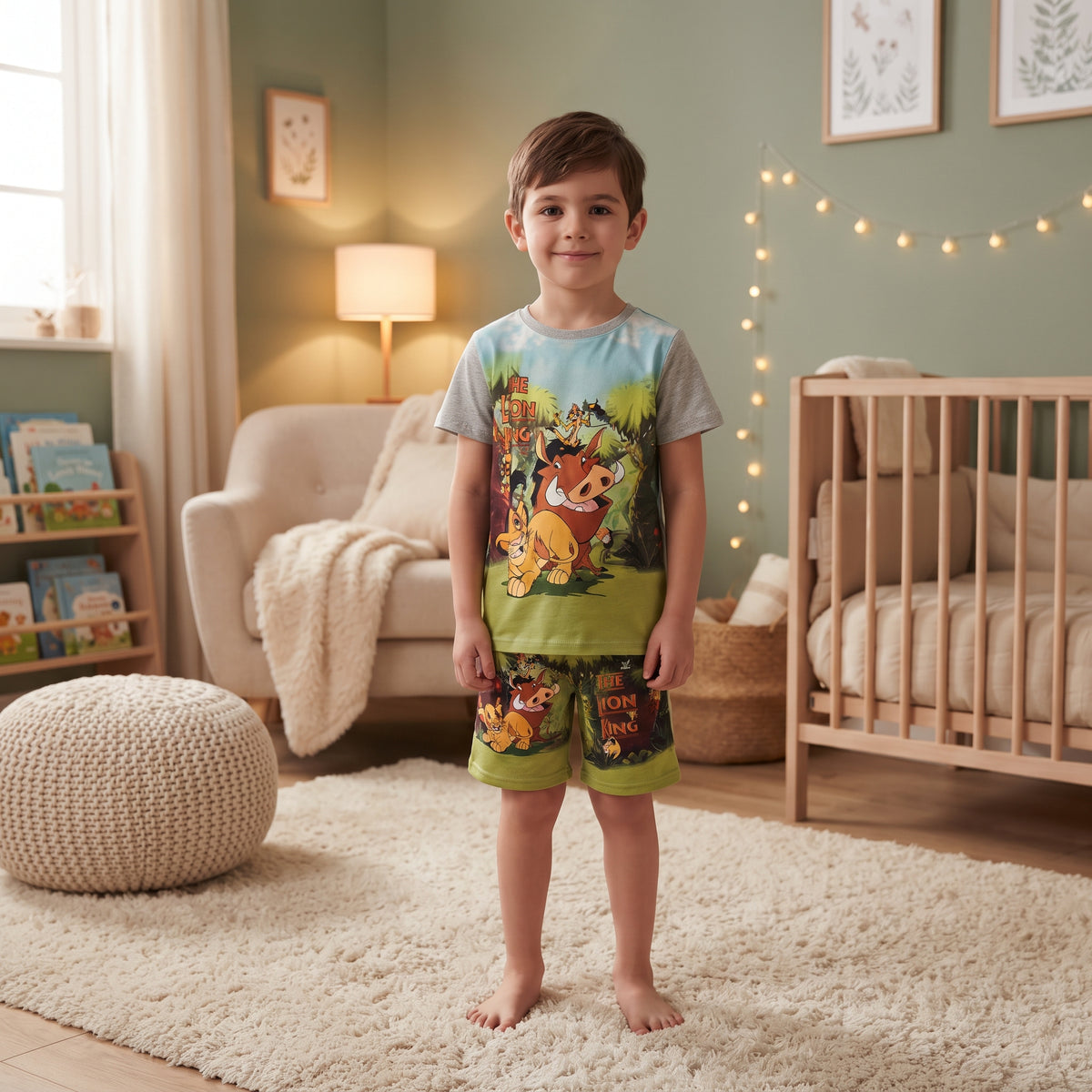 Ensemble garçon Le Roi Lion porté, t-shirt et short imprimés verts avec Simba, Timon et Pumbaa, manches grises