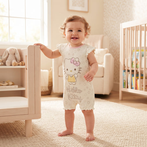 Combishort bébé fille Hello Kitty portée, écrue à étoiles avec petites manches volantées et motif rose et jaune