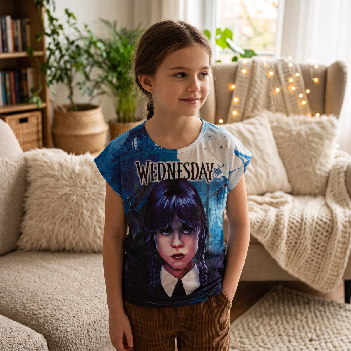 T-shirt fille Mercredi Addams, grand portrait sur décor bleu et blanc 6 à 16 ans