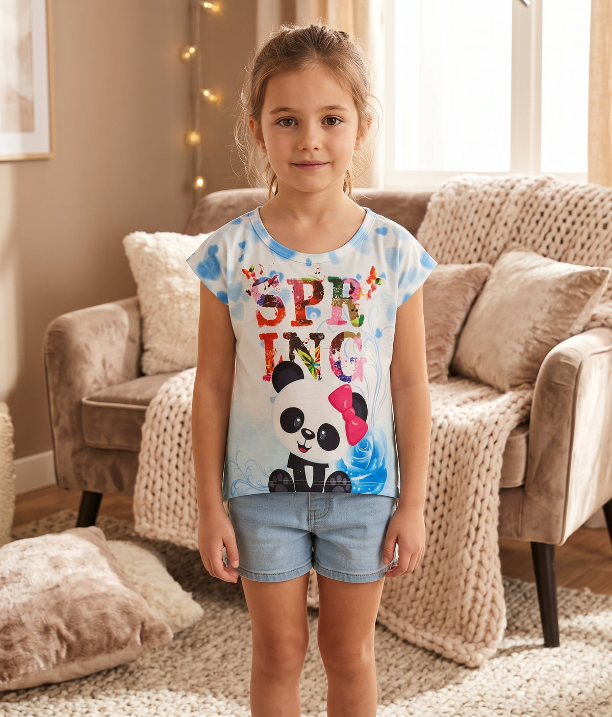 T-shirt fille blanc et bleu avec panda à nœud rose et inscription Spring 2 a 12 ans