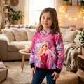 Sweat à capuche fille Barbie rose avec fleurs, nœuds et finitions noires, porté