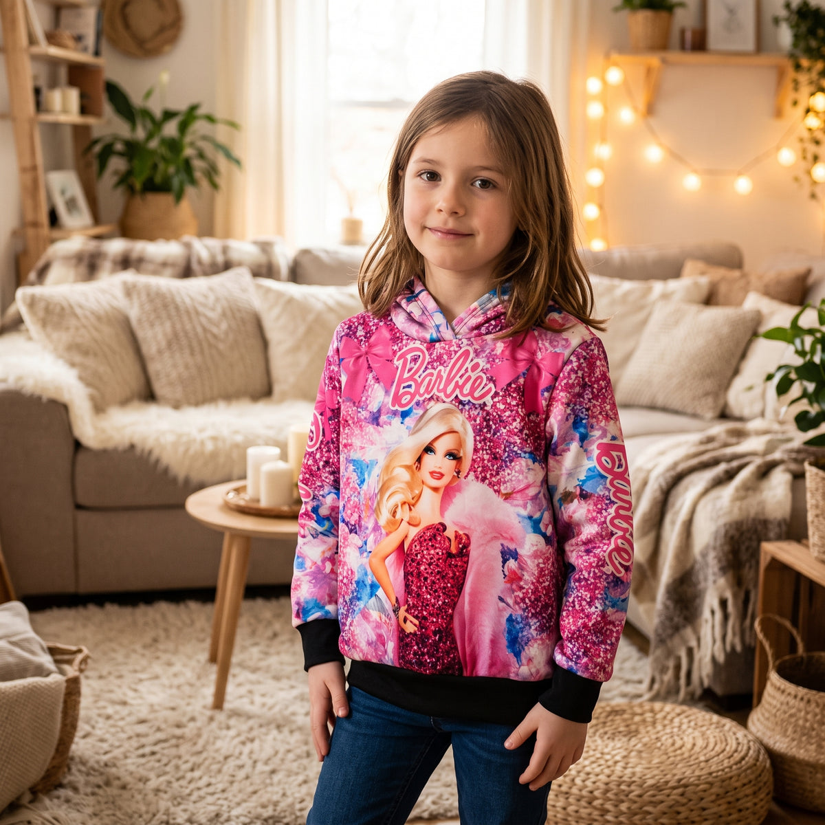 Sweat à capuche fille Barbie rose avec fleurs, nœuds et finitions noires, porté