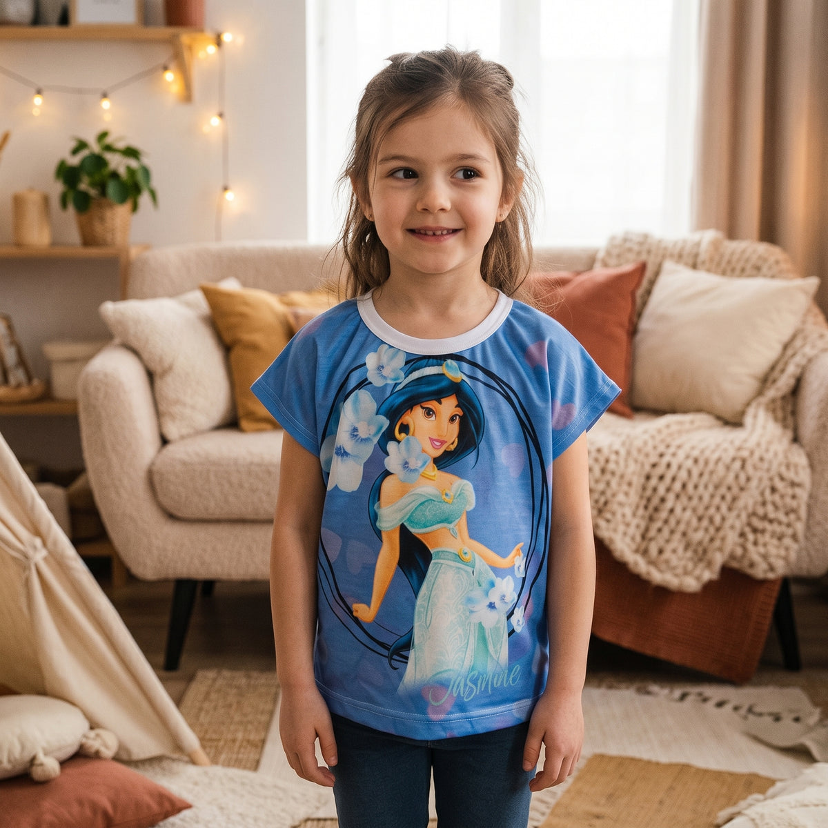T-shirt fille bleu avec princesse Jasmine, fleurs blanches et cœurs roses, porté