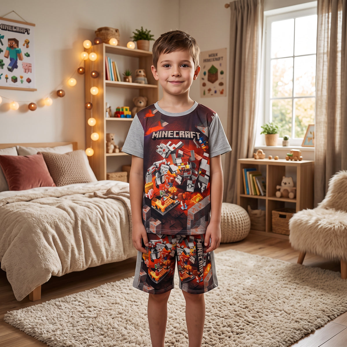 Ensemble garçon Minecraft porté avec t-shirt à manches grises et short assorti, décor sombre et lave orange