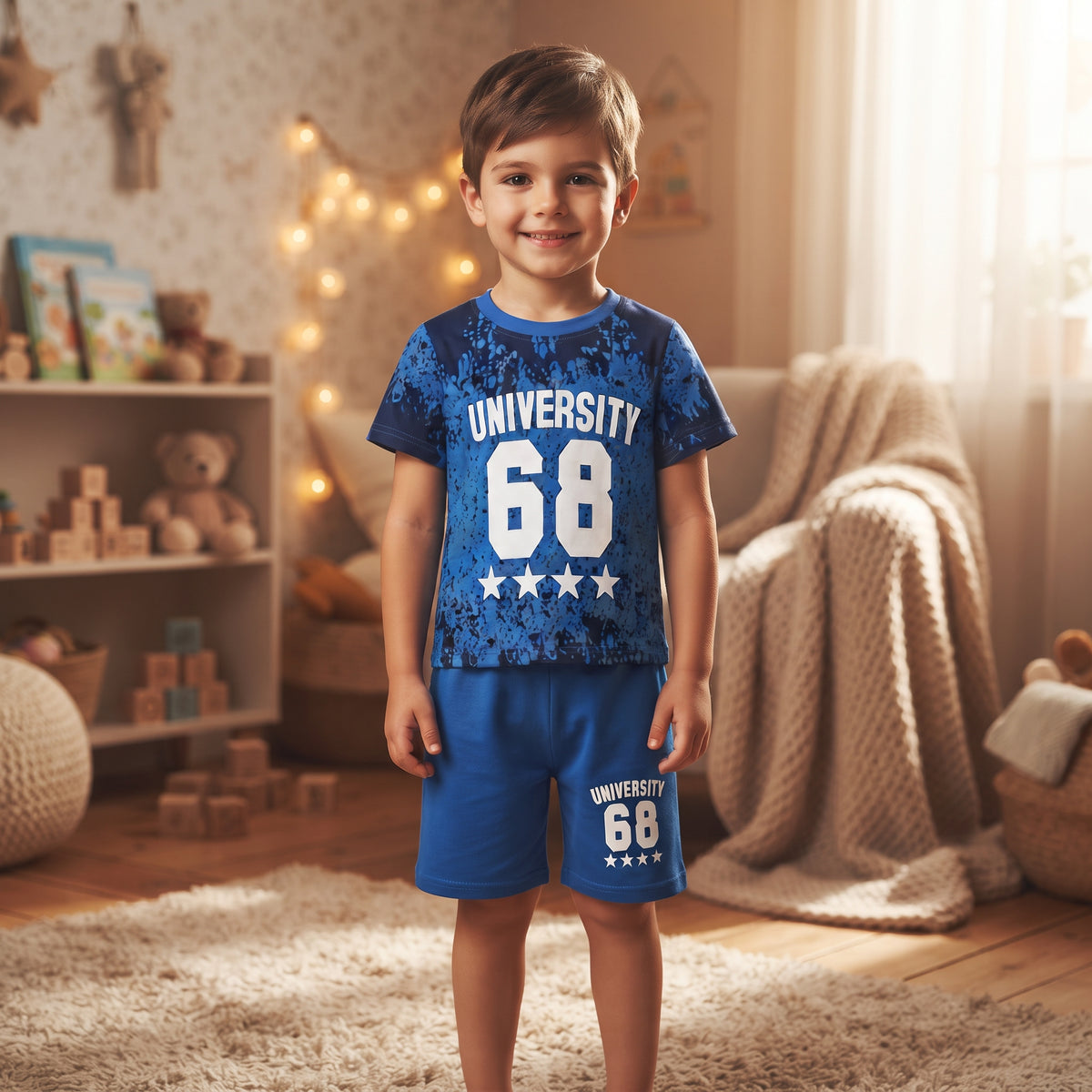 Ensemble garçon bleu roi University 68 porté, t-shirt à éclaboussures et short assorti avec quatre étoiles blanches