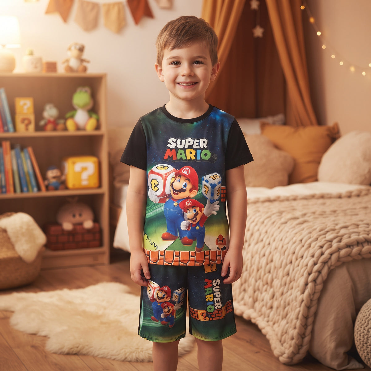 Ensemble garçon Super Mario, t-shirt et short bleu-vert à dos noirs 4 à 14 ans
