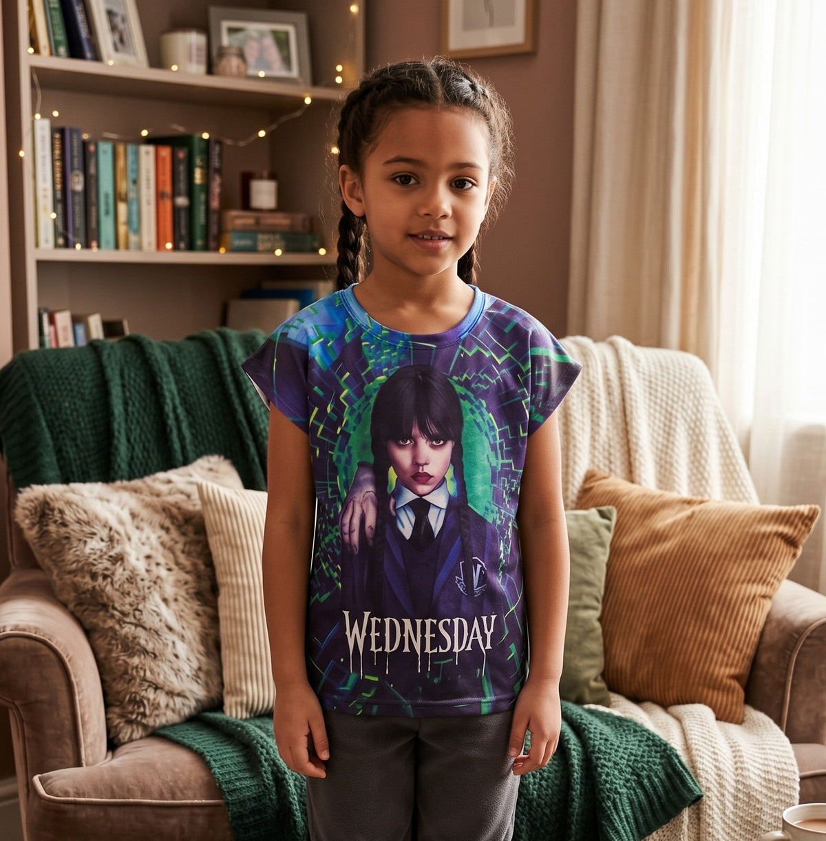 T-shirt fille Mercredi Addams et la Chose sur décor violet bleu et vert 6-16 ans