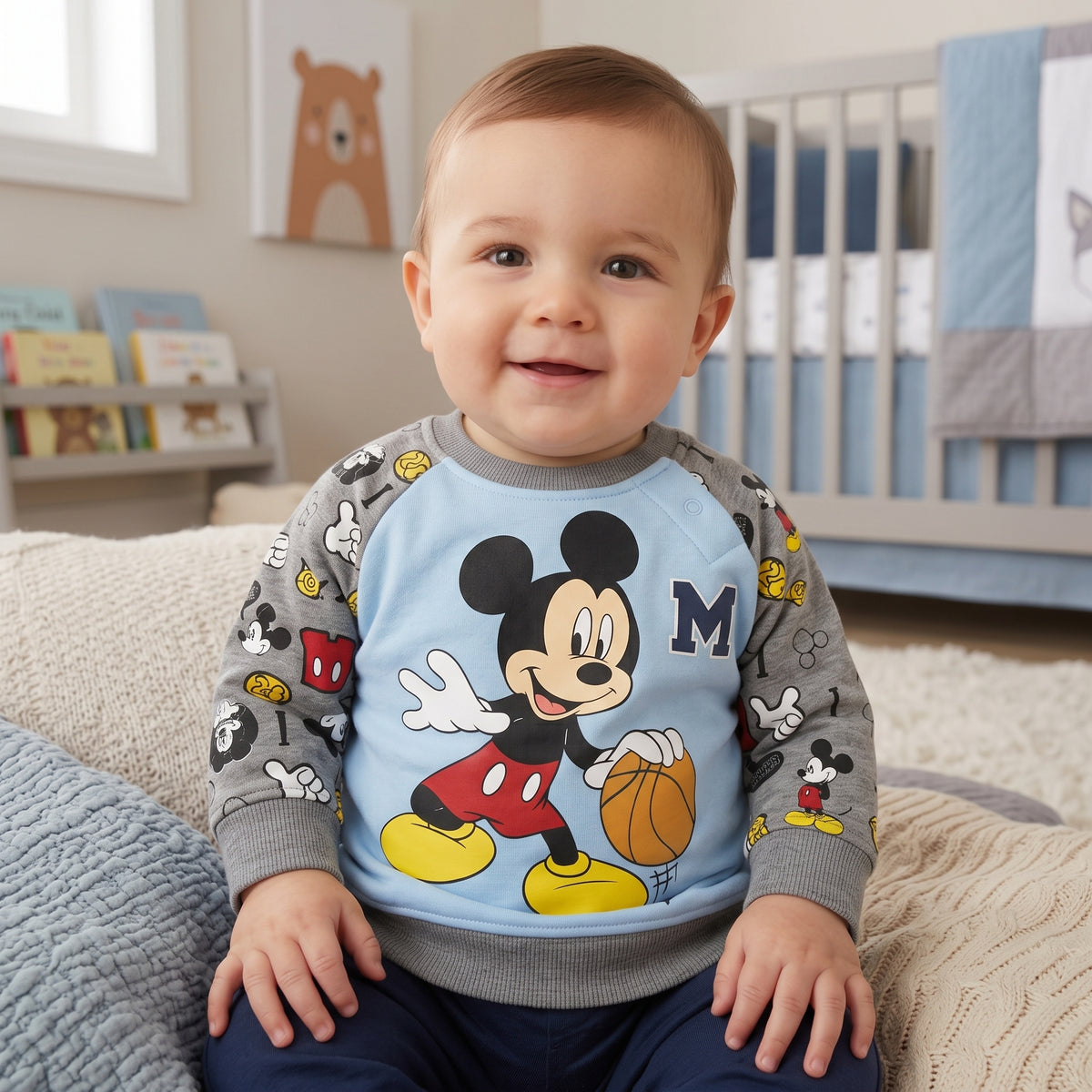 Sweat bébé garçon Disney Mickey au ballon de basket, bleu ciel et manches grises 6-23 mois