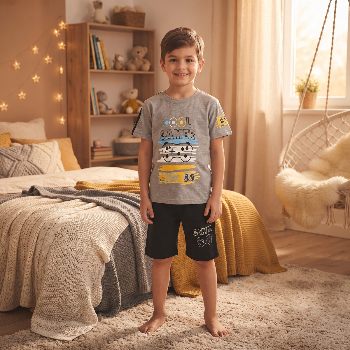 Ensemble garçon Cool Gamer porté avec t-shirt gris chiné à manette et short noir assorti