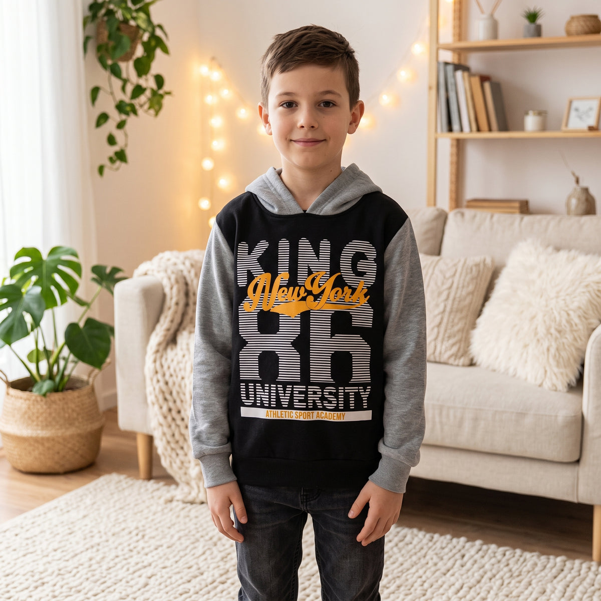 Sweat à capuche garçon noir et gris chiné King 86 New York University 4-14 ans