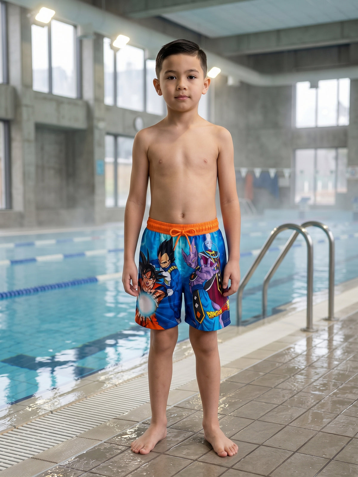 Short de bain Dragon Ball Super bleu à ceinture orange porté par un garçon au bord d’une piscine