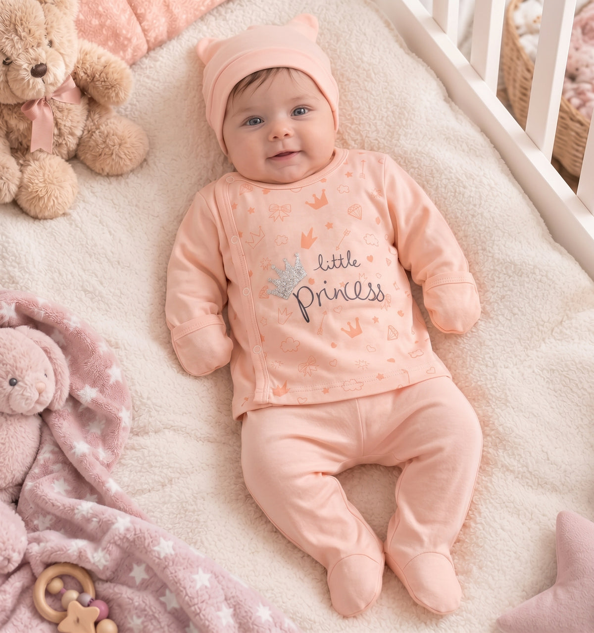 Ensemble bébé fille Little Princess rose pêche porté, haut à couronne argentée, pantalon à pieds et bonnet