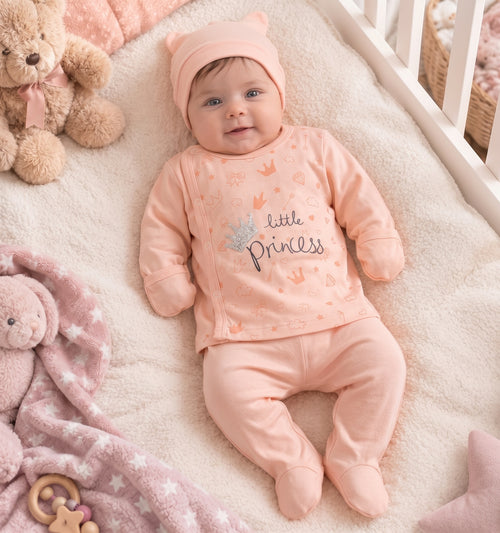 Ensemble bébé fille Little Princess rose pêche porté, haut à couronne argentée, pantalon à pieds et bonnet