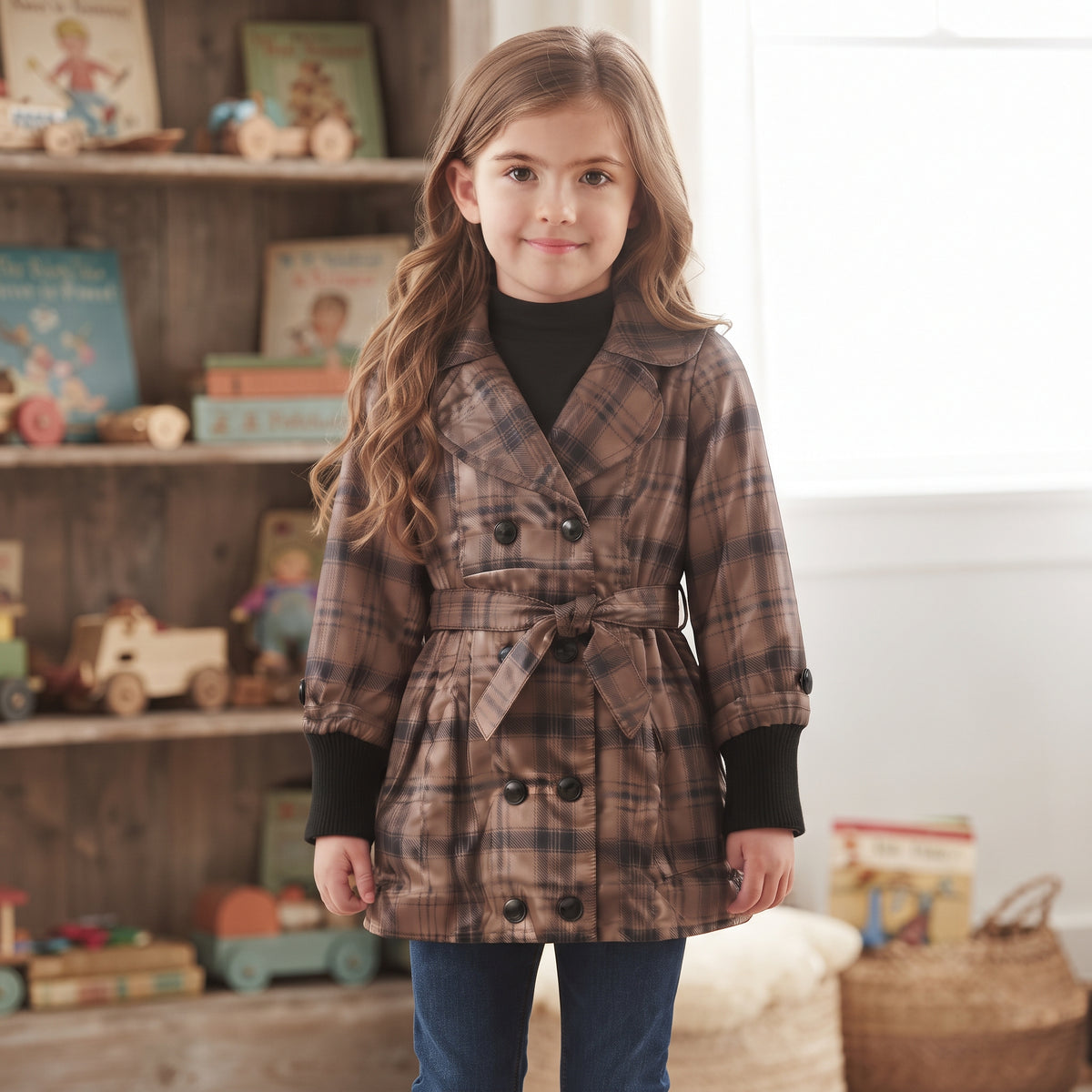 Trench fille Buoyance porté, marron à carreaux, ceinture nouée et longs poignets noirs