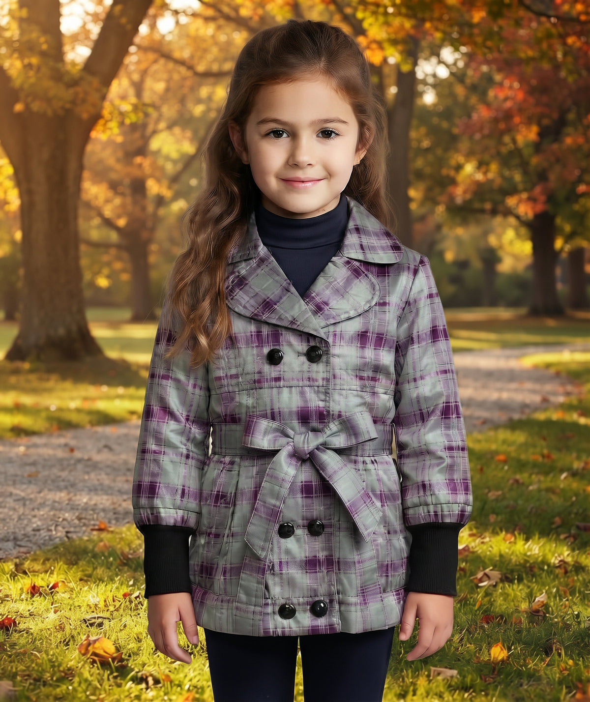 Trench fille Buoyance porté, gris argenté à carreaux violets avec ceinture nouée et poignets noirs