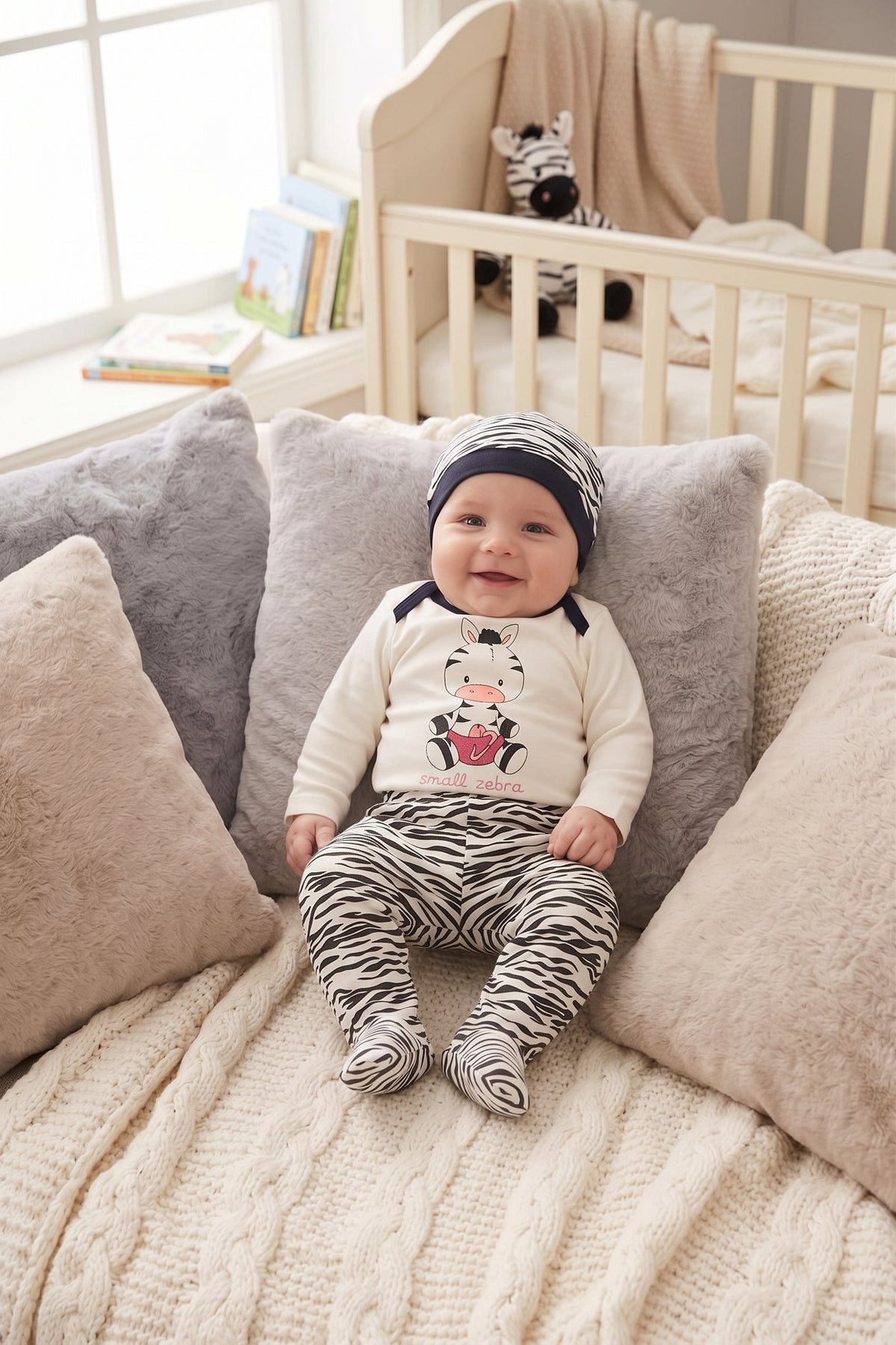 Ensemble Bébé 3 Pièces Motif Zèbre – Tout Doux – 3 ou 6 mois – Neuf