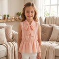 Blouse Fille Rose Satinee Col Noeud Motifs Relief Sans Manches 4-14 ans Neuf