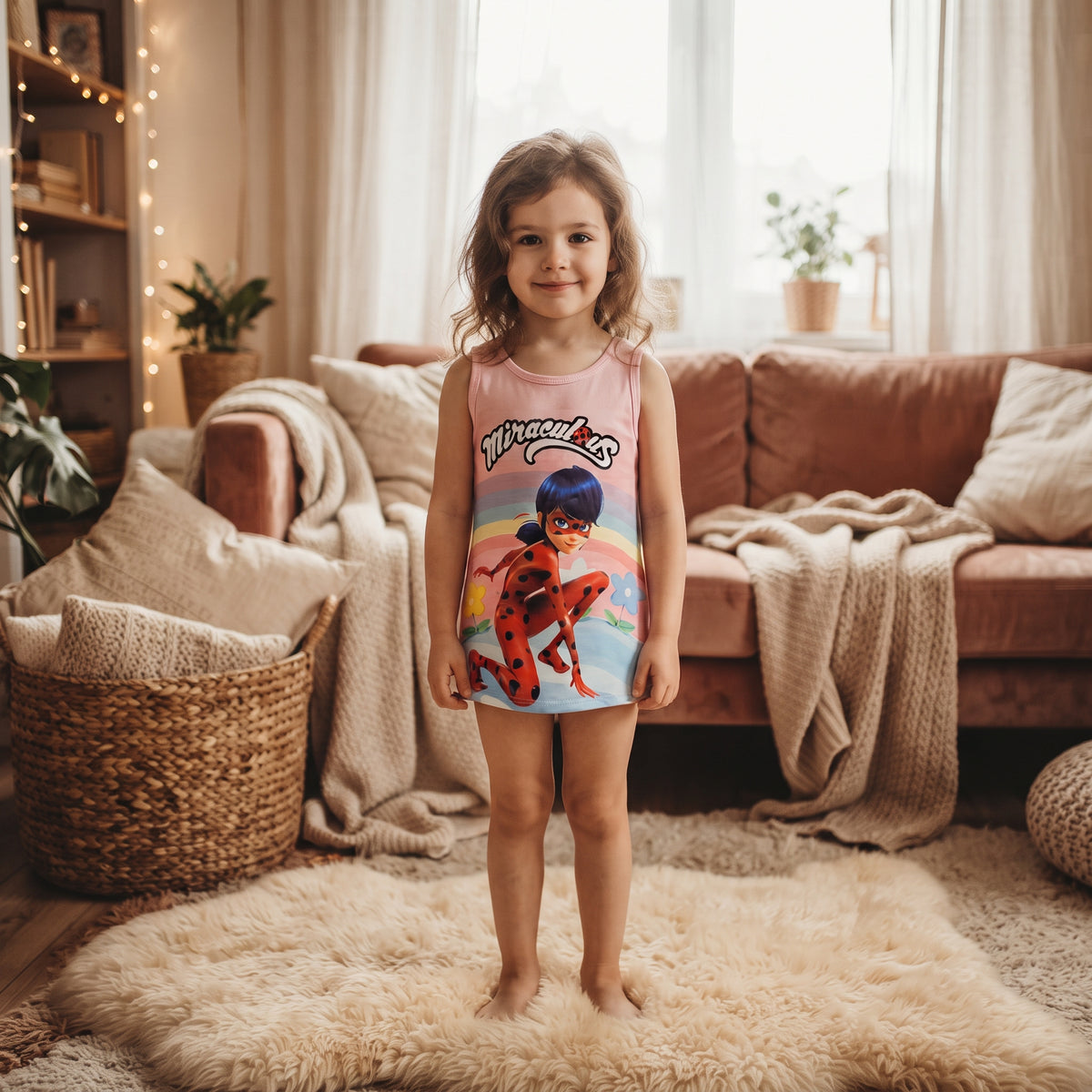 Robe fille Ladybug Miraculous portée, sans manches, fond rose avec arc-en-ciel pastel et fleurs