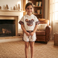 Ensemble fille blanc porté, crop top à capuche et motif souris léopard avec short à finitions léopard