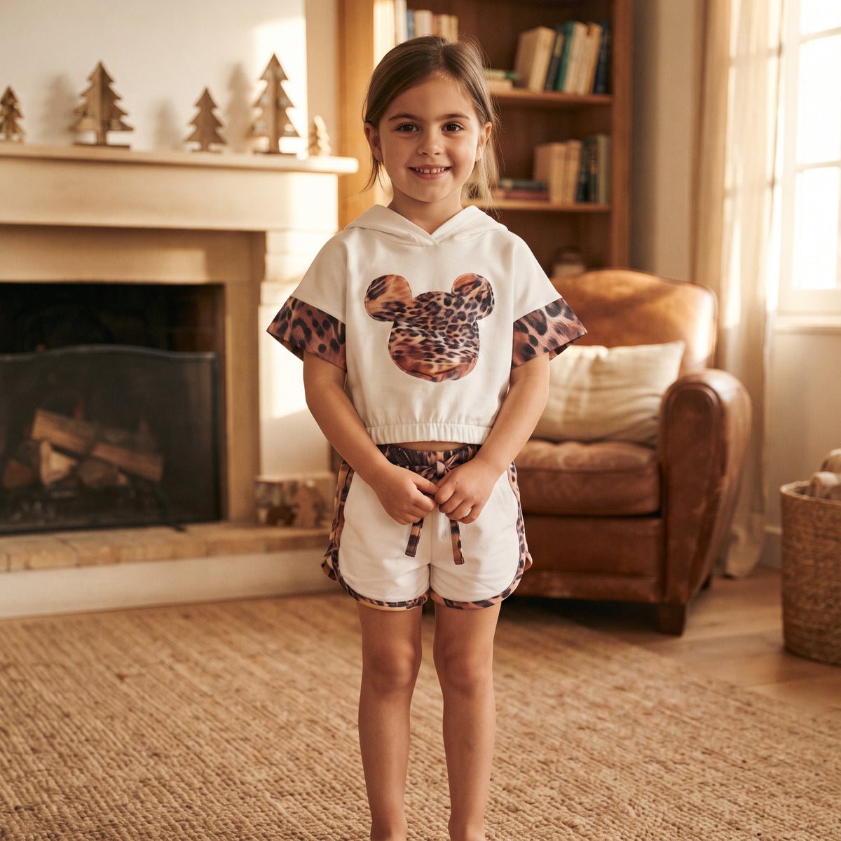 Ensemble fille blanc porté, crop top à capuche et motif souris léopard avec short à finitions léopard