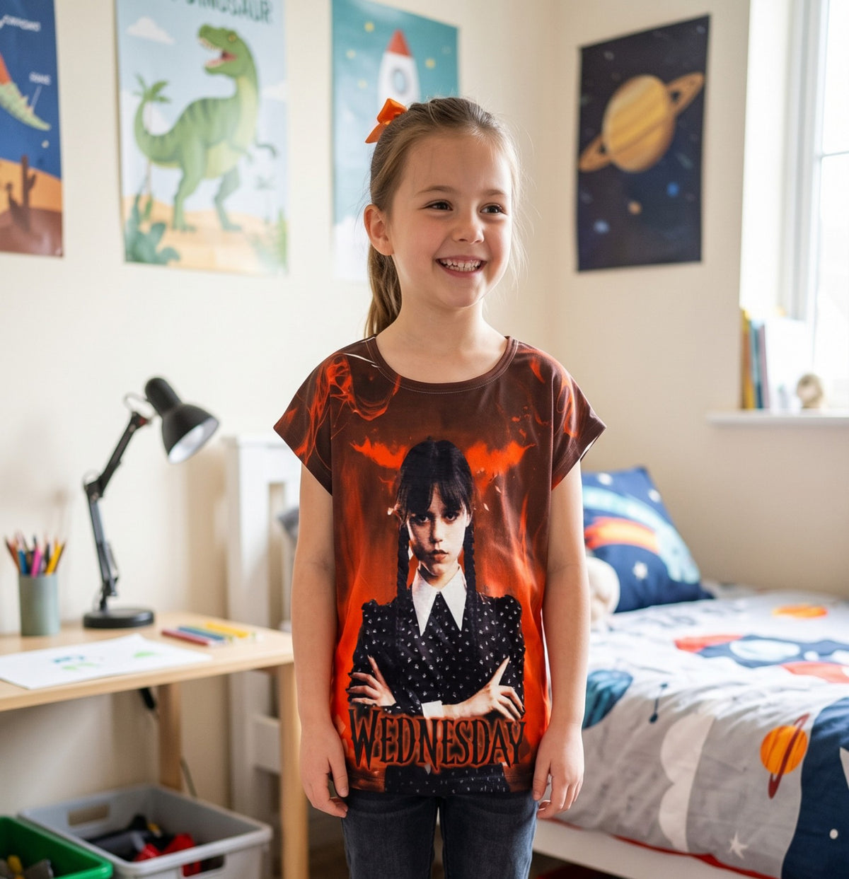 T-shirt fille Mercredi Addams Wednesday orange et brun à manches courtes 6 à 16 ans