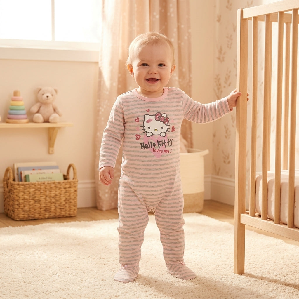 Bébé portant un pyjama Hello Kitty rayé rose pâle et gris à pieds fermés dans une chambre lumineuse