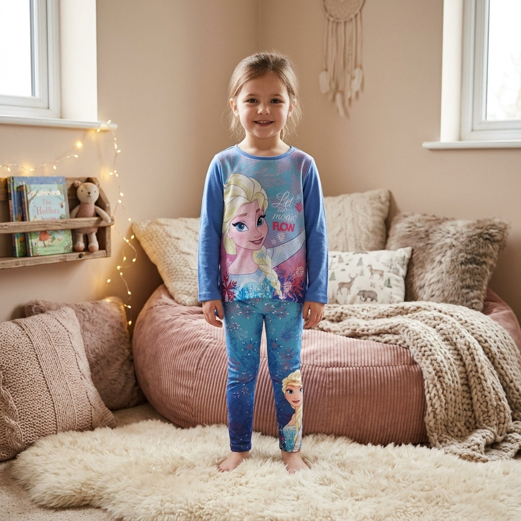 Fille portant un ensemble Disney Elsa avec haut bleu à manches longues et legging dégradé à flocons dans une chambre