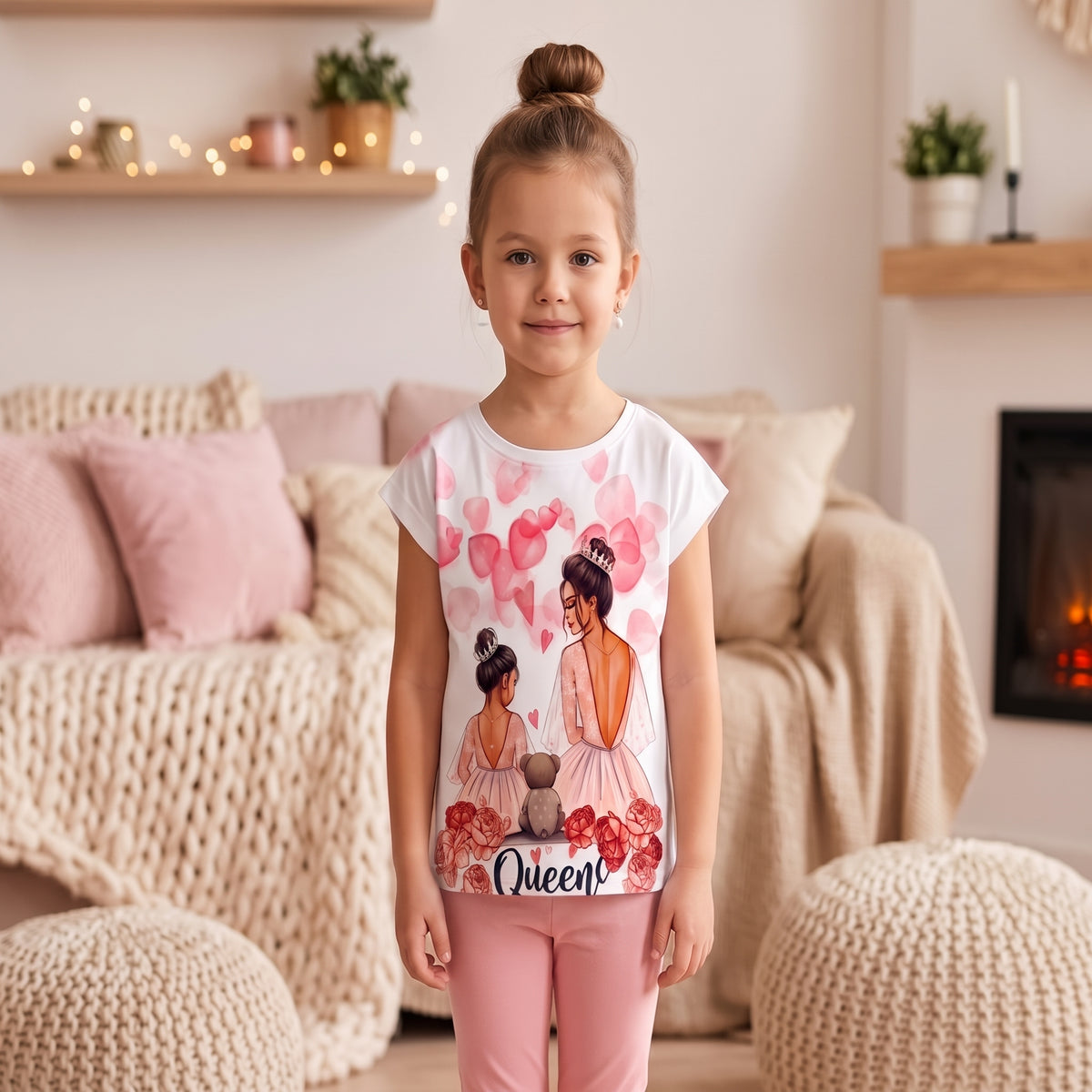 T-shirt fille Queens avec maman et fille, cœurs et roses 4 a 14 ans